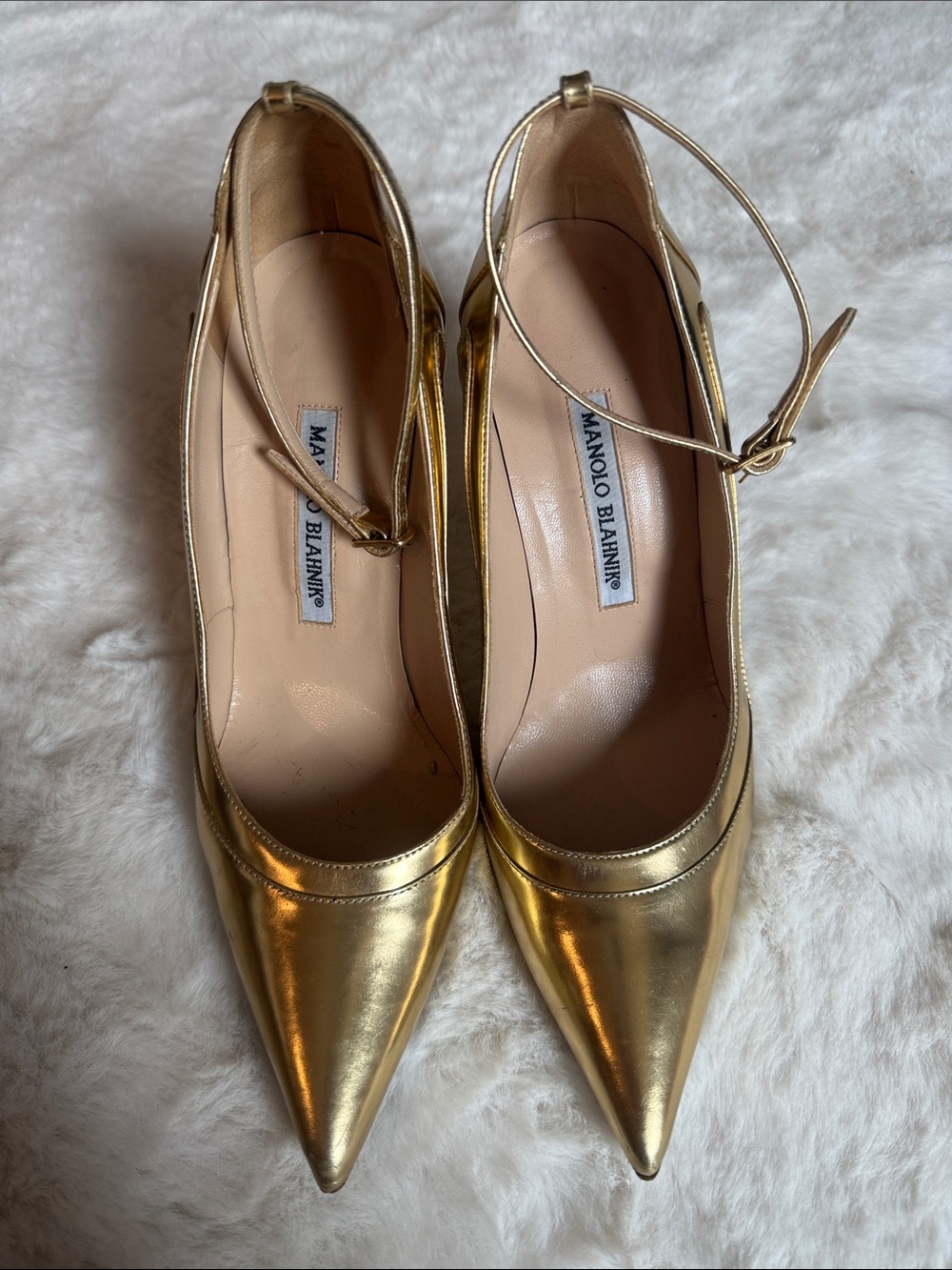 Manolo Blahnik Gold Pointed-Toe Ankle-Strap Pumps